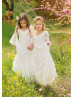 Bell Sleeves Ivory Polka Dot Lace Floor Length Flower Girl Dress
